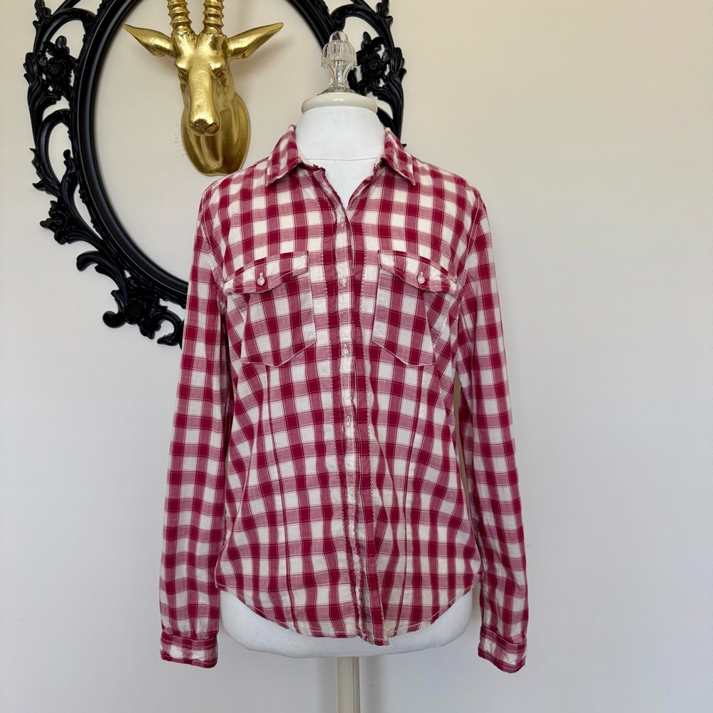 Forever 21 Burgundy Red and White Plaid Button-Up Shirt